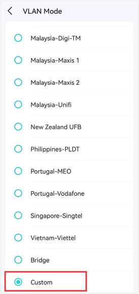VLAN Mode page with Custom selected.