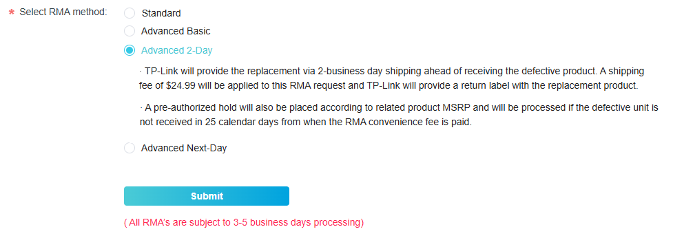 Shipping method with advanced 2 day selected and expanded to include details. Note that RMAs are subject to 3-5 business days for processing.