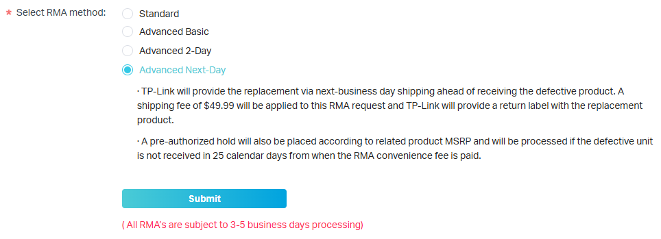 Shipping method with advanced next day selected and expanded to include details. Note that RMAs are subject to 3-5 business days for processing.