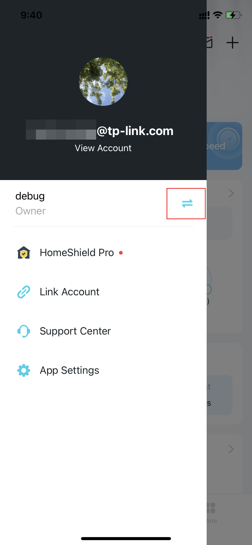 Deco app menu page with the switch button highlighted in red box, indicating to click.