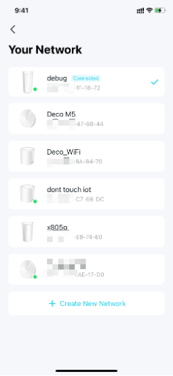Your network screen in the deco app showing networks with a "create network button".