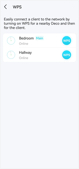 Deco app WPS screen showing Bedroom (Main) and Hallway nodes, each with a WPS button.