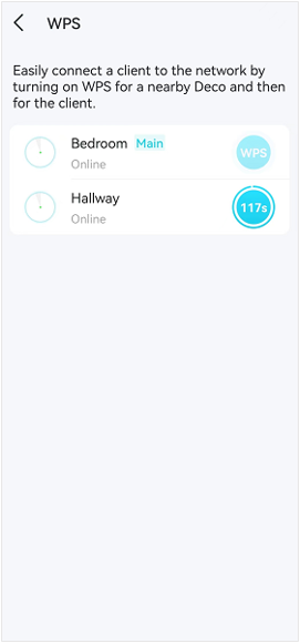 Deco app WPS screen showing Hallway node with WPS countdown timer active at 117 seconds.