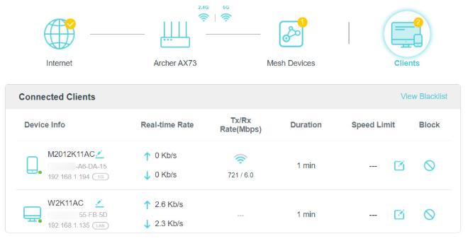 The client page on the Archer AX73’s management page.