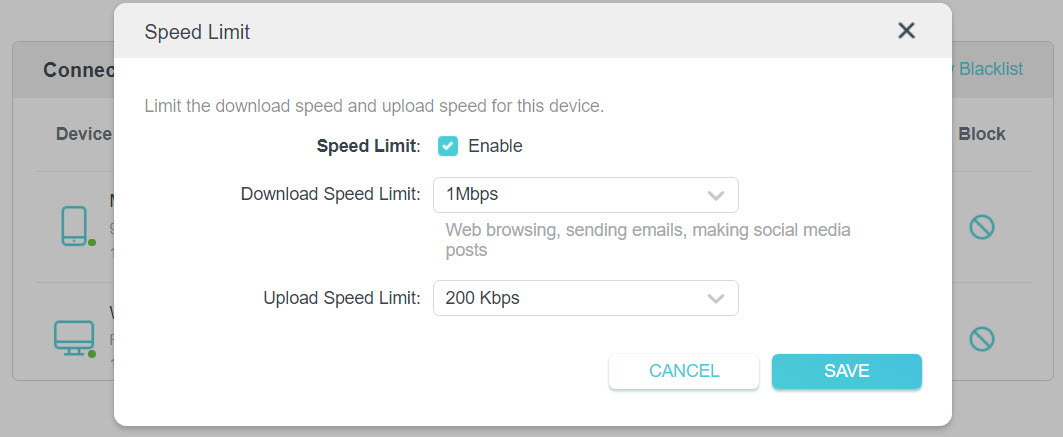 The Speed Limit page showing Download Speed Limit is 1Mbps and Upload Speed Limit is 200Kbps.
