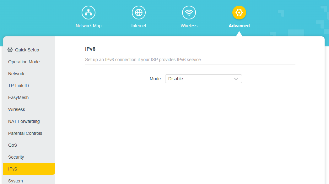 The IPv6 page showing the IPv6 mode is disabled.