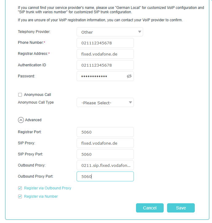 The setting of the voice username ends with @fixed.vodafone.de.