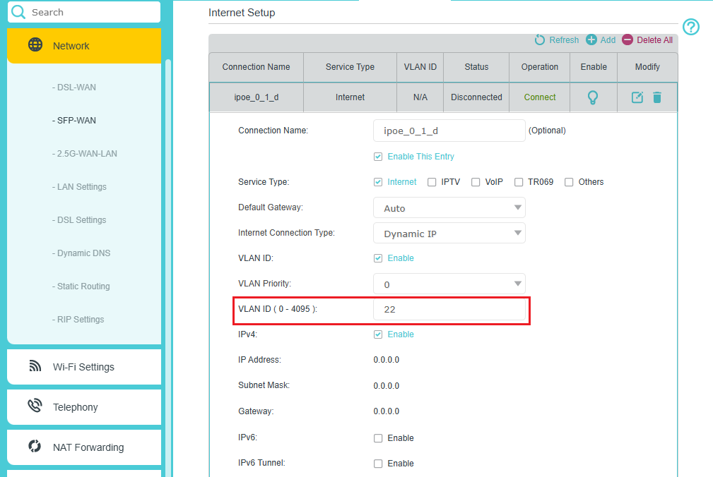 Enter VLAN ID value as 22 for fiber connection on the htp line.