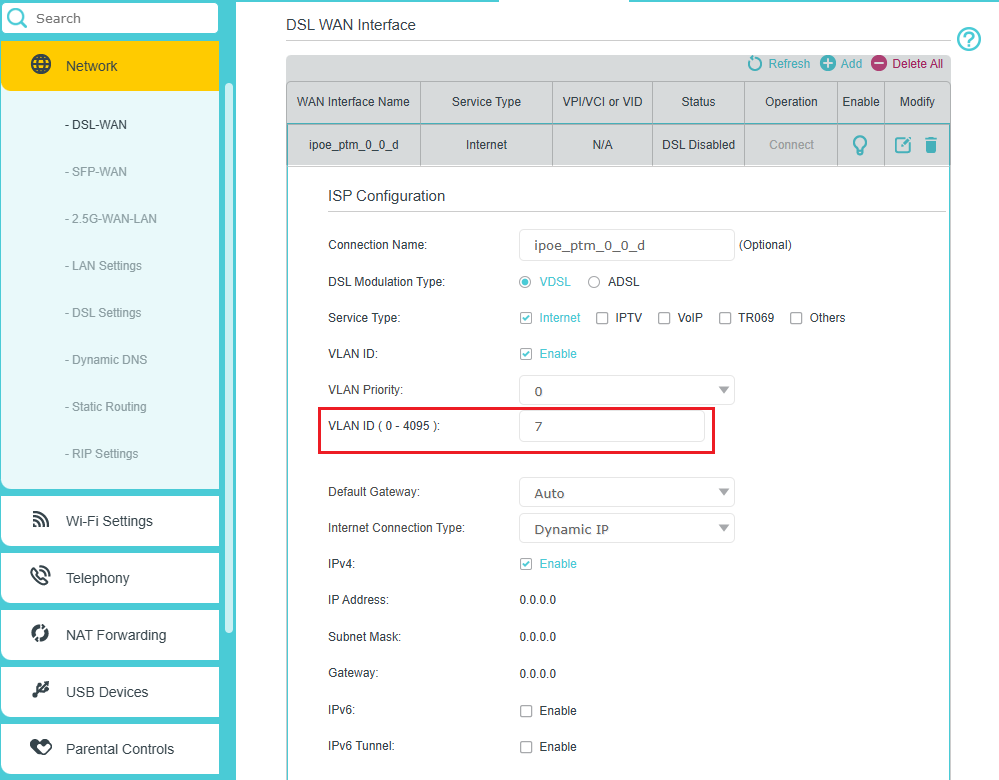 Enter VLAN ID value as 7 for fiber connection on the htp line.