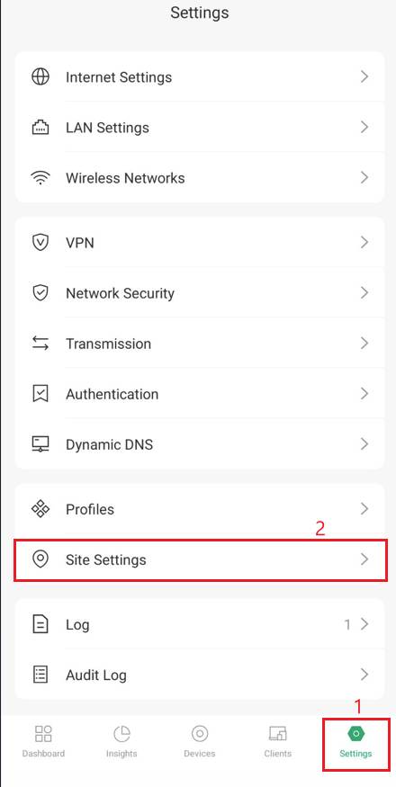 Omada app settings menu.