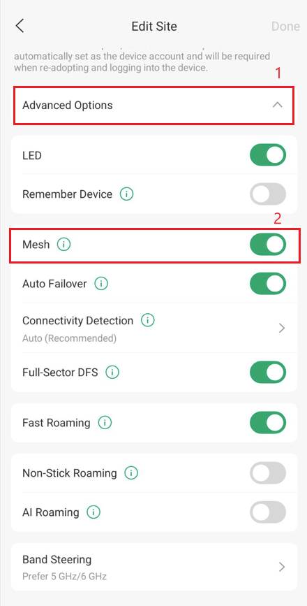 Omada app site settings options.