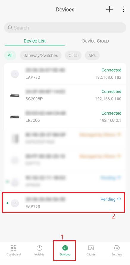 Network configuration dashboard with a list of devices.