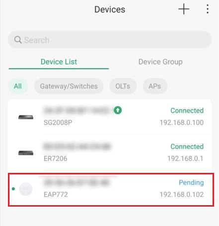 Device management interface listing various connected and pending devices.