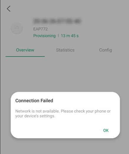 Network timeout message in Omada app.