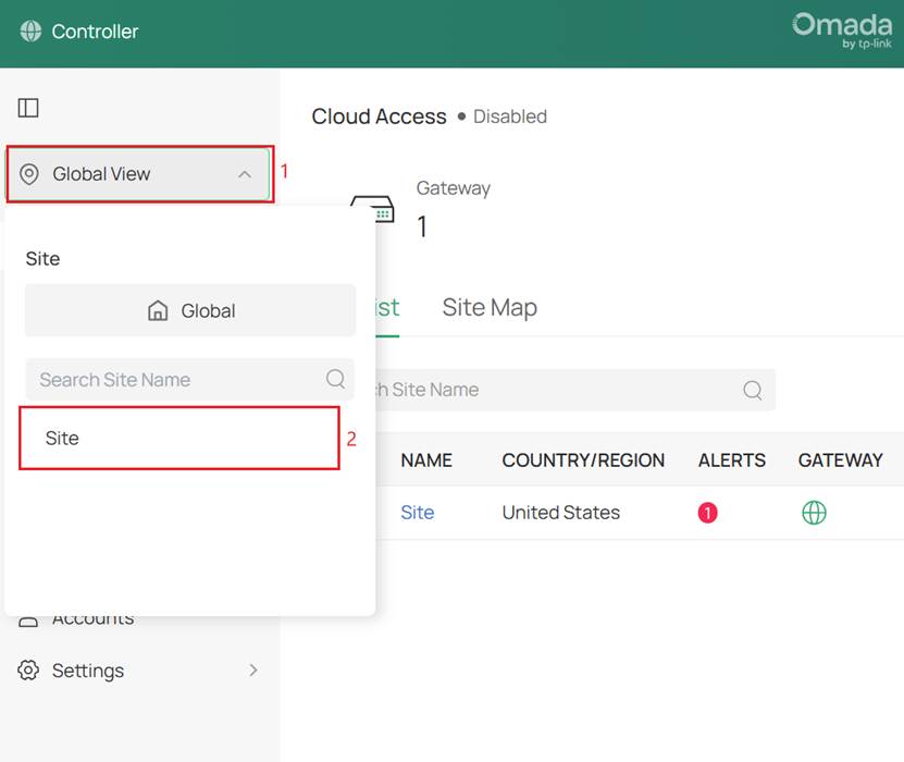 Select site drop down menu in Omada controller.