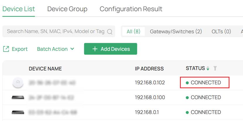 Displays a network management interface of devices with their IP addresses and connection status.
