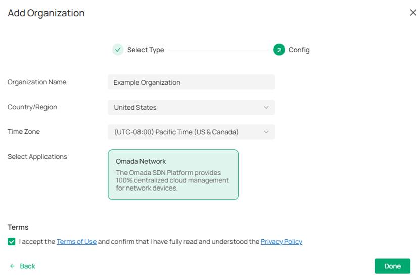Configuration page for adding an organization.