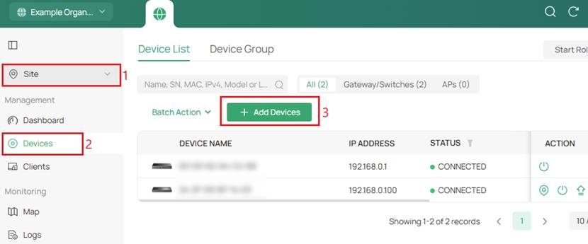 Device management dashboard showing two connected devices.