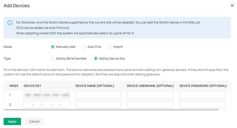 Configuration page for adding devices to a network.