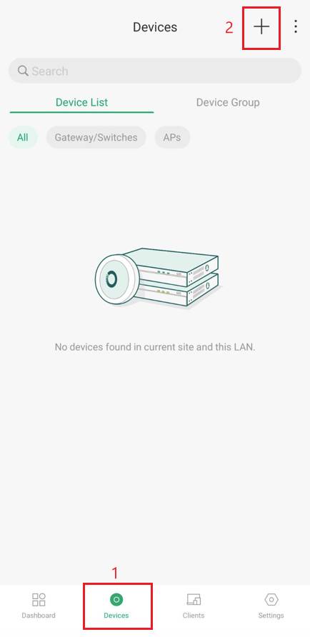 Empty device list with a message indicating no devices found.