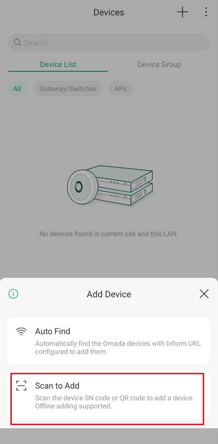 Add device page on Omada App.
