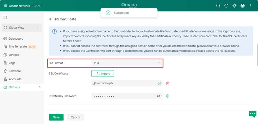 a screenshot showing the uploading certificate in PFX format