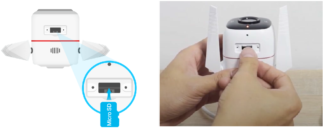 Inserting a microSD card into the back slot of an outdoor Tapo camera.
