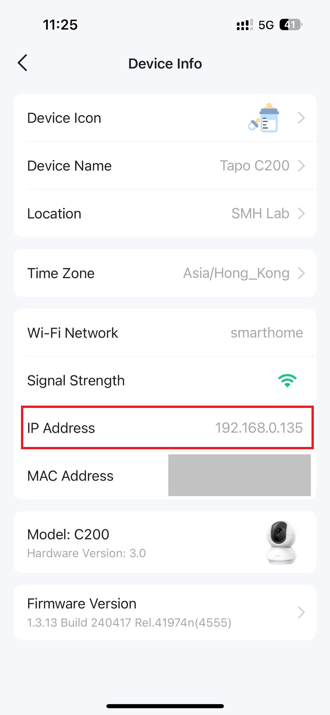 Find the IP Address of your Tapo or Kasa device on the App Device Info page.