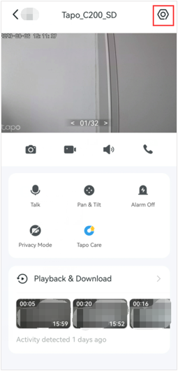 Tap the gear icon in the top right corner to enter the Device Settings page.