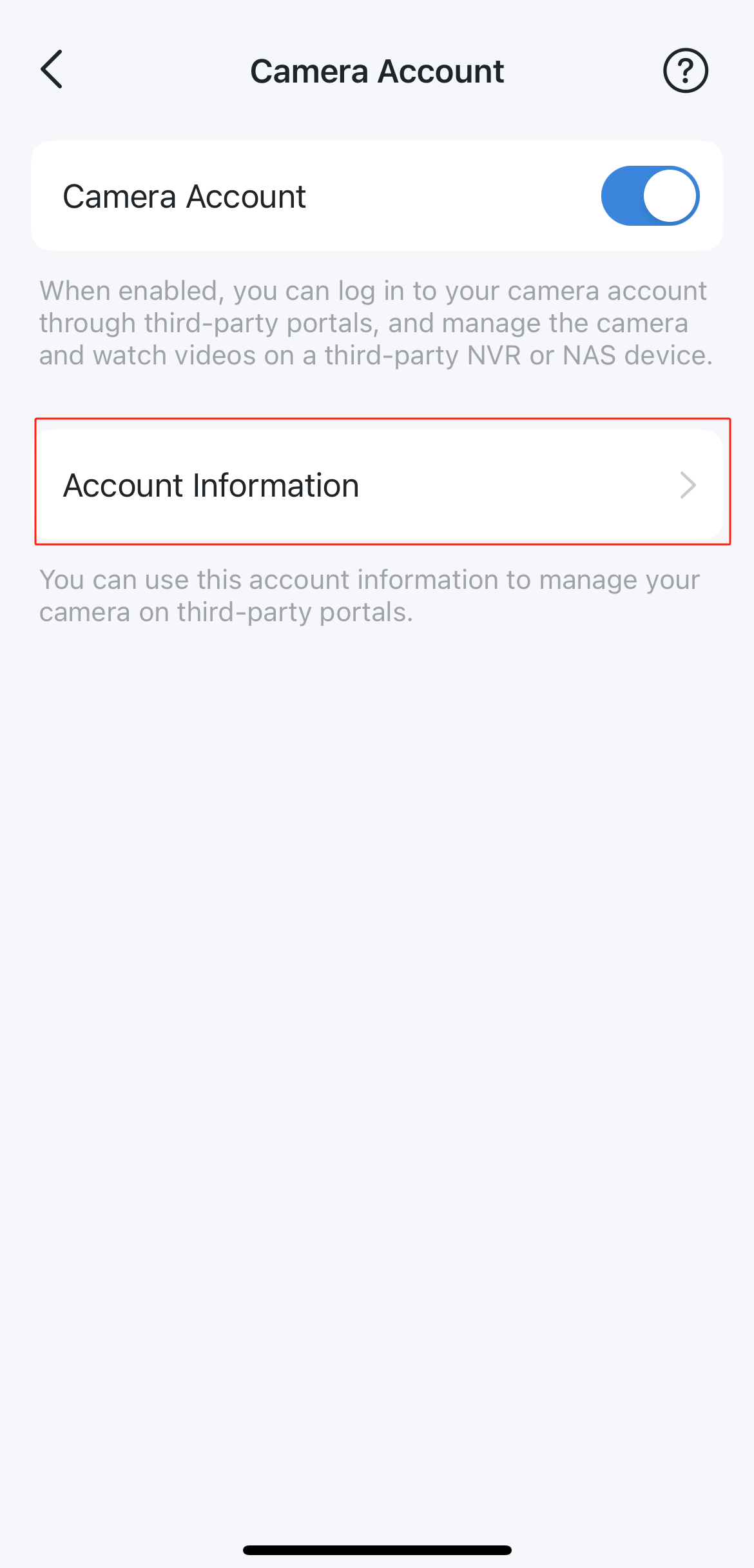 Tap Account Information on the Camera Account page.