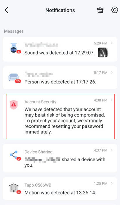 TP-Link in-app account security notification warning of a potentially compromised account and recommending an immediate password reset.