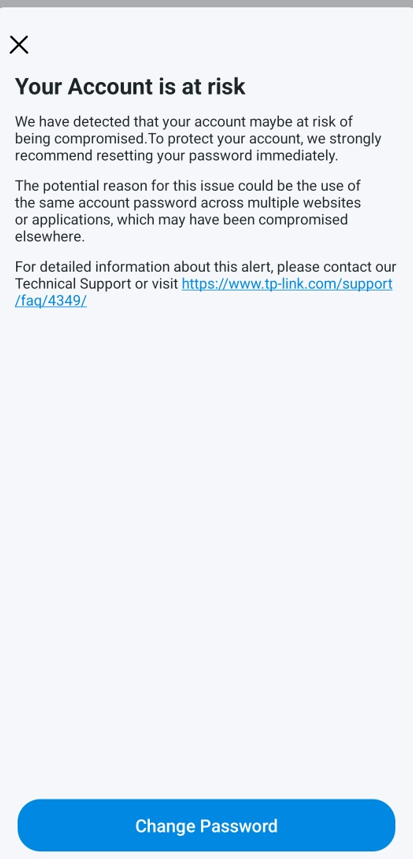 Content of the in-app account security notification and a button to change password.