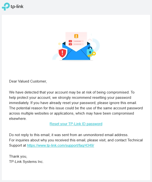 TP-Link security alert email warning of a potentially compromised account and recommending an immediate password reset.