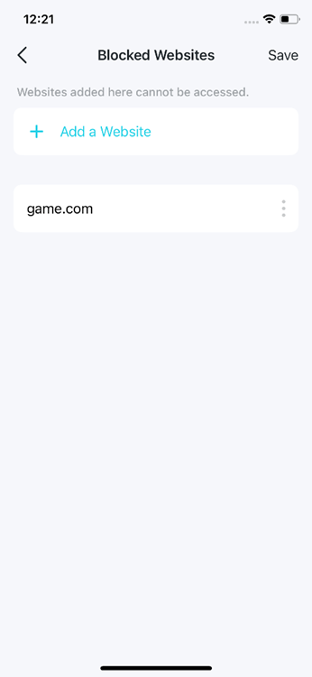 The Blocked Websites page with option to Add a Website.