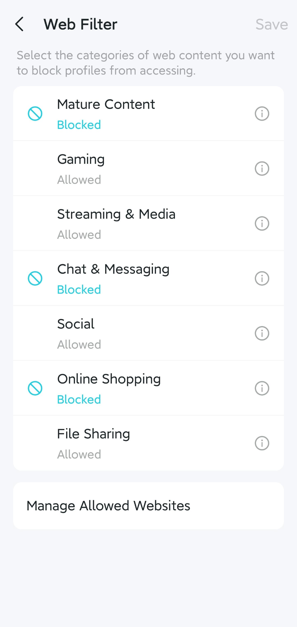 Web Filter page with available categories to be selected.
