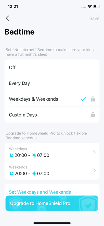 The Bedtime setting page.