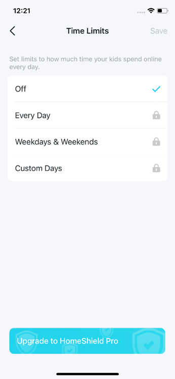 The Time Limit setting page.