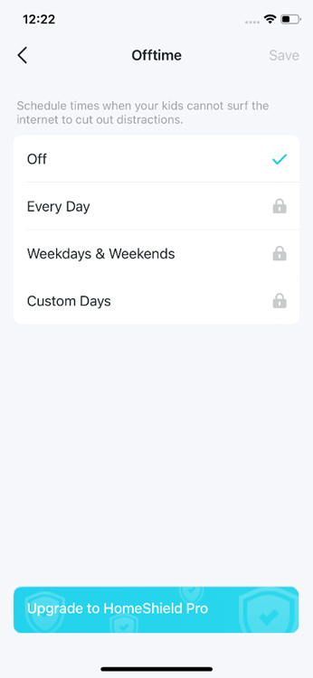 The Offtime setting page.