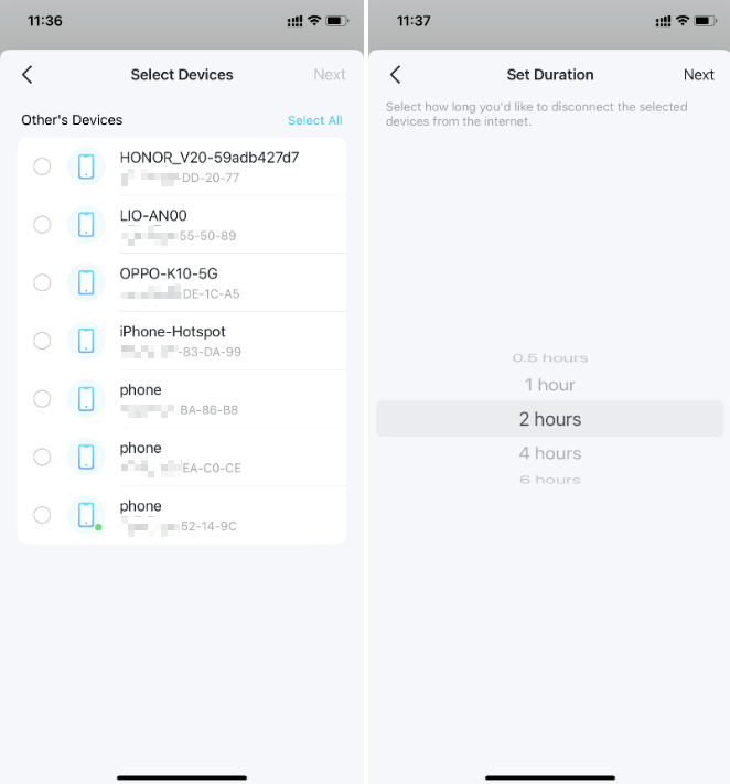 Visual steps to select target devices and time duration.