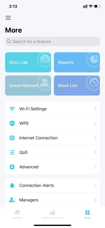 The More page with the QoS option.