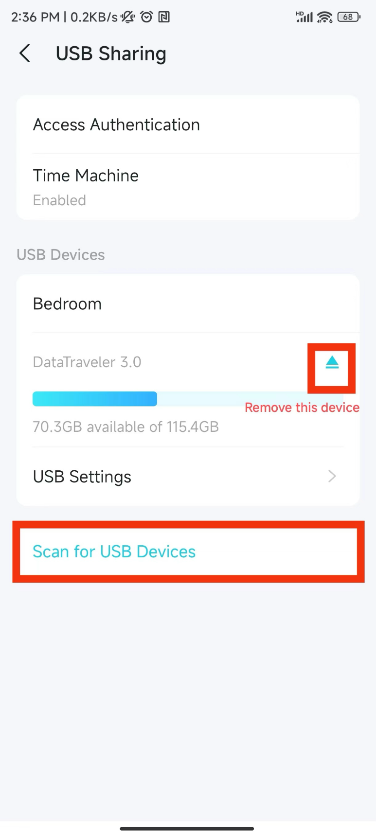 USB Sharing screen with eject button and Scan for USB Devices both highlighted, showing DataTraveler 3.0 with 70.3 GB available.