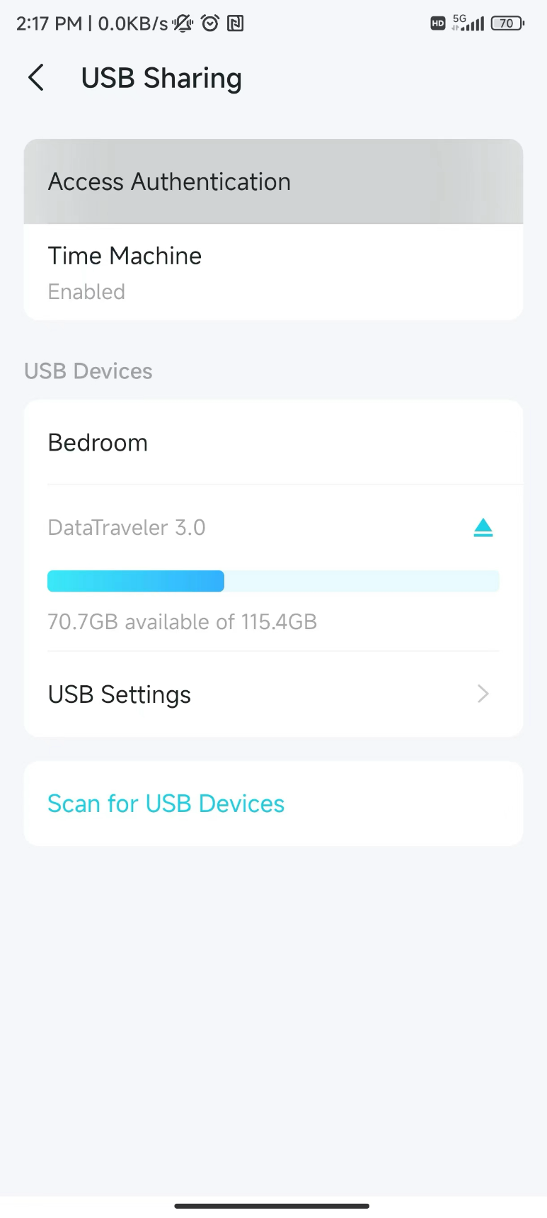 USB Sharing screen with Access Authentication highlighted, showing DataTraveler 3.0 with 70.7 GB available and Scan for USB Devices.
