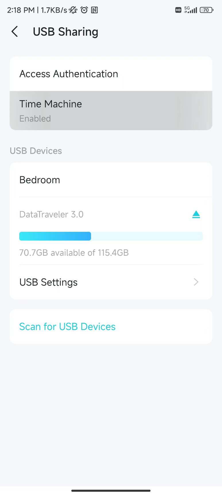 USB Sharing screen with Time Machine highlighted & enabled, showing DataTraveler 3.0 with 70.7 GB available and Scan for USB Devices.