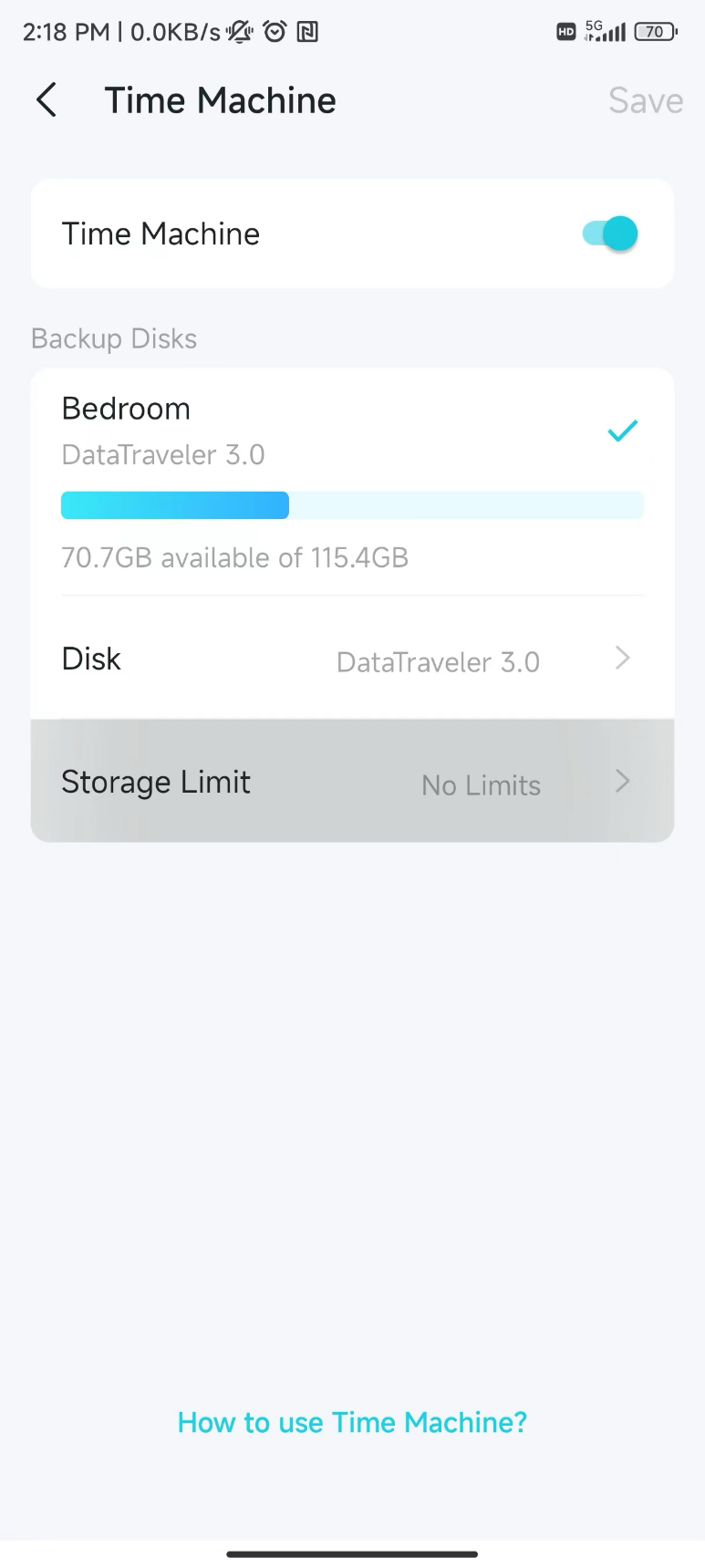Time Machine settings screen with toggle enabled, Bedroom DataTraveler 3.0 selected, and Storage Limit highlighted showing No Limits.