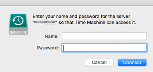 macOS dialog prompting for name and password to connect to a Time Machine server, with Cancel and Connect buttons.