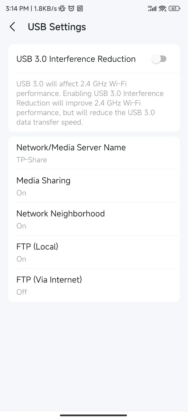 USB Settings screen with USB 3.0 Interference Reduction toggle disabled and sharing options including Media Sharing, FTP Local, and FTP Via Internet.