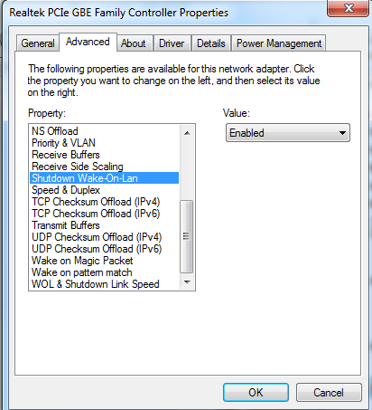 Realtek PCIe GBE Family Controller Properties Advanced tab with Shutdown Wake-On-Lan selected and value set to Enabled.