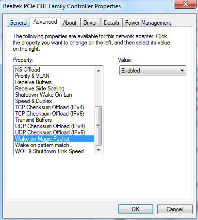 Realtek PCIe GBE Family Controller Properties Advanced tab with Wake on Magic Packet selected and value set to Enabled.