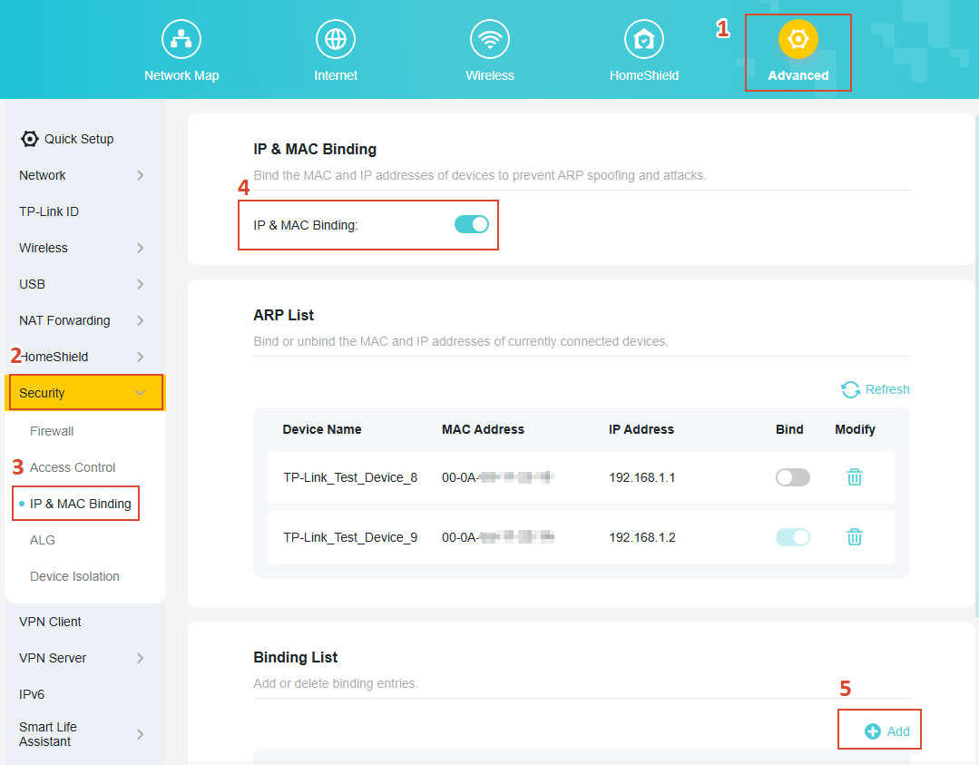 Steps to locate the IP&MAC Binding page.