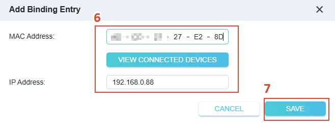 Add a binding entry page with MAC address input, IP address input, and a Save button.